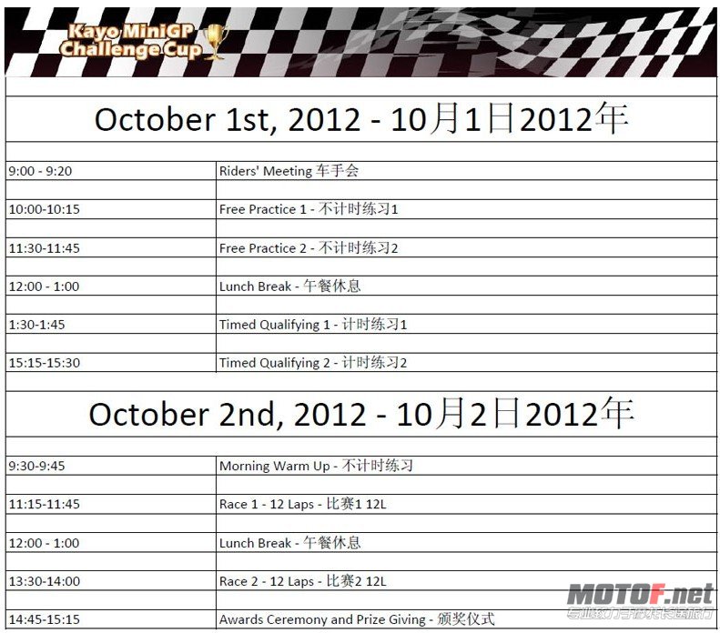 2012 KAYO MINI GP挑战赛时间表